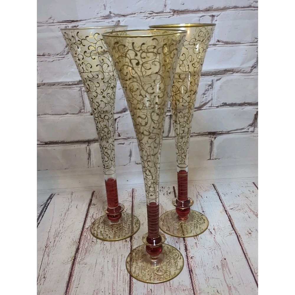 Set of 3 Pier 1 Rioja Hand Blown Champagne Flutes Ruby Red Stem Gold Scroll